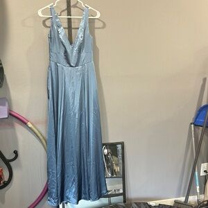 Galina Blue Plunge Neck Bridesmaid Gown